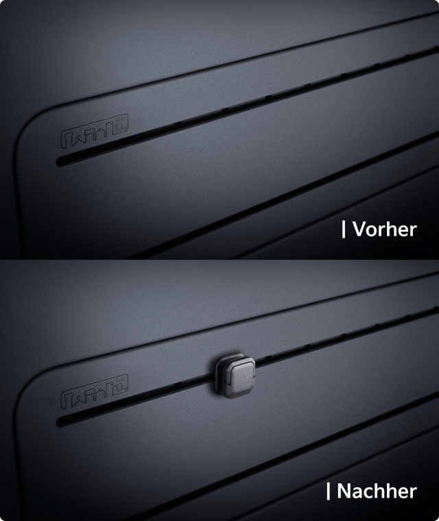 "Detailansicht eines magnetischen Halters Am Fahrzeughimmel befestigt – gezeigt mit und ohne montierten Halter."