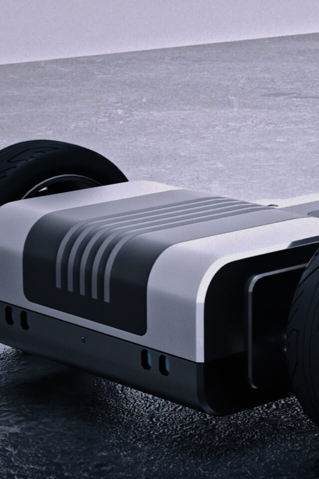 Kia PV5 Elektroplattform mit Fahrgestell und Rädern.